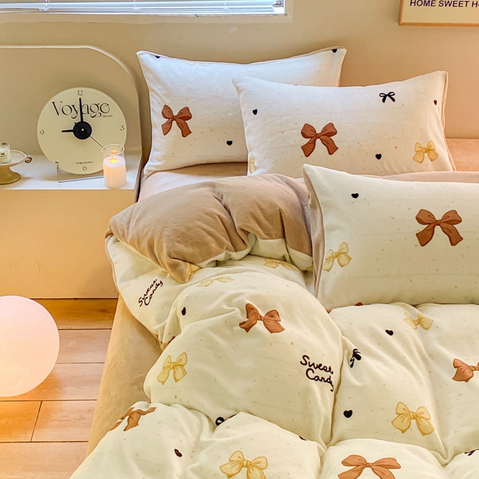 91家纺网 家纺一手货源 找家纺 斯卡诺家纺 2024新款小清新双面牛奶绒印花四件套 蝴蝶结