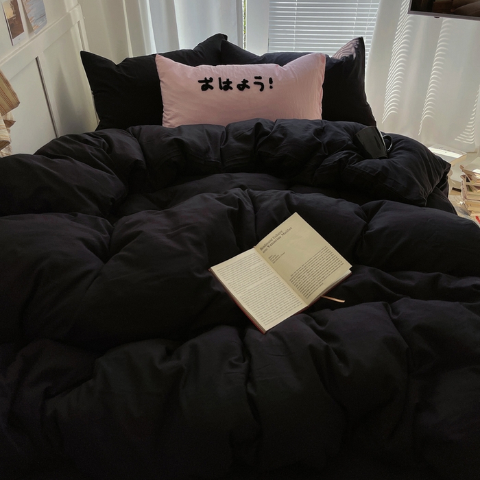 91家纺网 家纺一手货源 找家纺 阿曼达 2024最新款奶fufu-ins博主风纯色、混搭、双色软软糯糯亲肤透气水洗m四件套（软糯舒适，非市场普通面料！！！）水洗m-酷黑