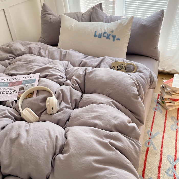 91家纺网 家纺一手货源 找家纺 阿曼达 2024最新款奶fufu-ins博主风纯色、混搭、双色软软糯糯亲肤透气水洗m四件套（软糯舒适，非市场普通面料！！！）水洗m-浅灰色