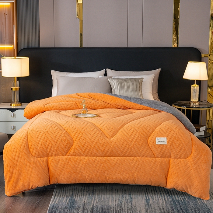 91家纺网 家纺一手货源 找家纺 蓝冰家纺 2024新款雕花绒冬被被子被芯 橙灰色