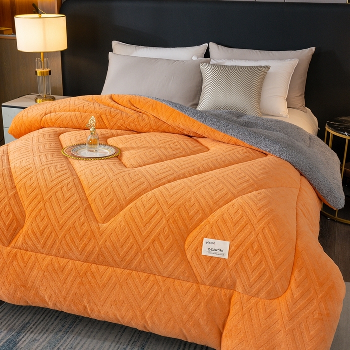 91家纺网 家纺一手货源 找家纺 蓝冰家纺 2024新款雕花绒冬被被子被芯 橙灰色