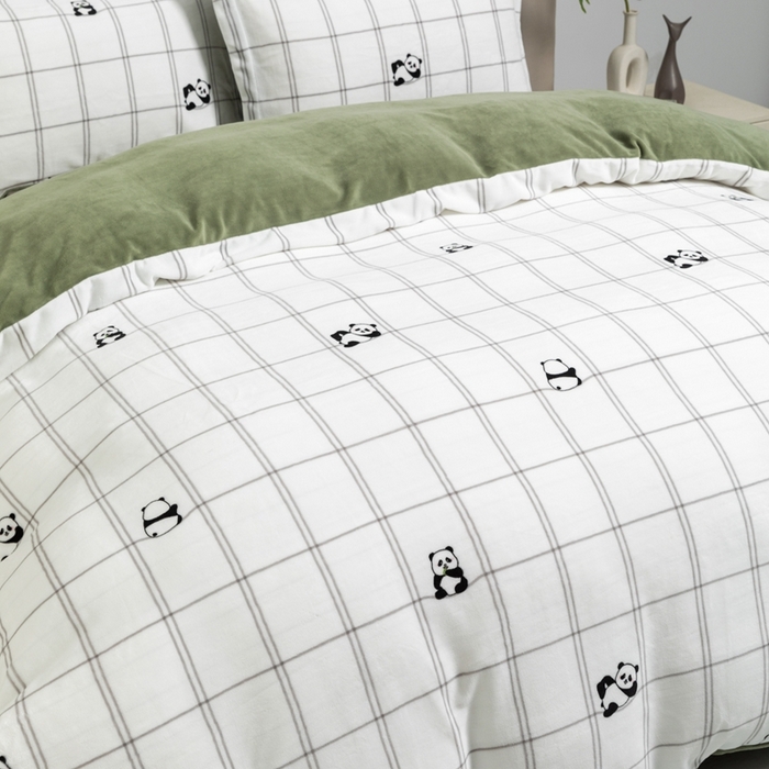 91家纺网 家纺一手货源 找家纺 宜家坊 2024新款加厚保暖印花牛奶绒四件套 胖达绒绒-青豆绿