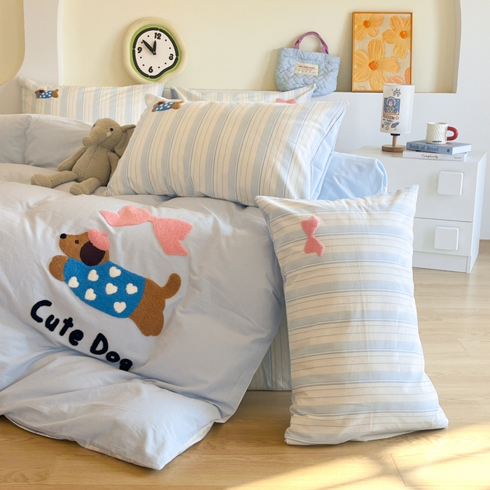 91家纺网 家纺一手货源 找家纺 千朵 2024新款全棉磨毛绣花毛巾绣四件套 蝴蝶结狗