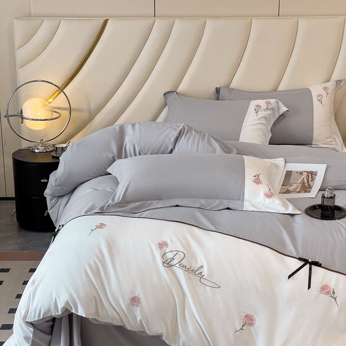 91家纺网 家纺一手货源 找家纺 遇见家居生活馆 2024新款亲肤棉刺绣四件套-蝶恋花 蝶恋花-浅灰