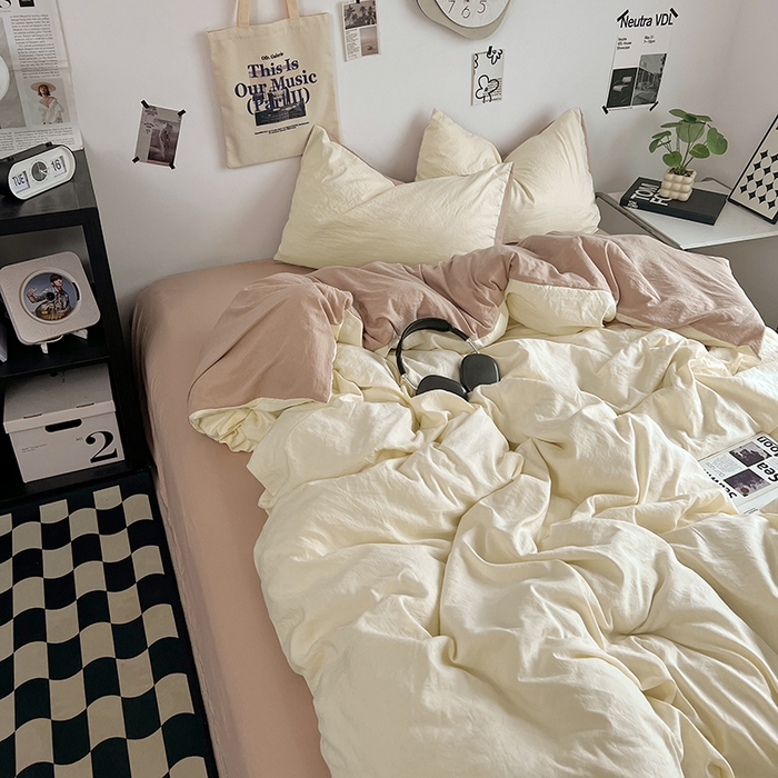 91家纺网 家纺一手货源 找家纺 优佳优品 2024新款ins风超柔褶皱亲肤磨毛水洗棉四件套 菊蕊奶黄