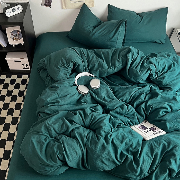 91家纺网 家纺一手货源 找家纺 优佳优品 2024新款ins风超柔褶皱亲肤磨毛水洗棉四件套 宝石绿