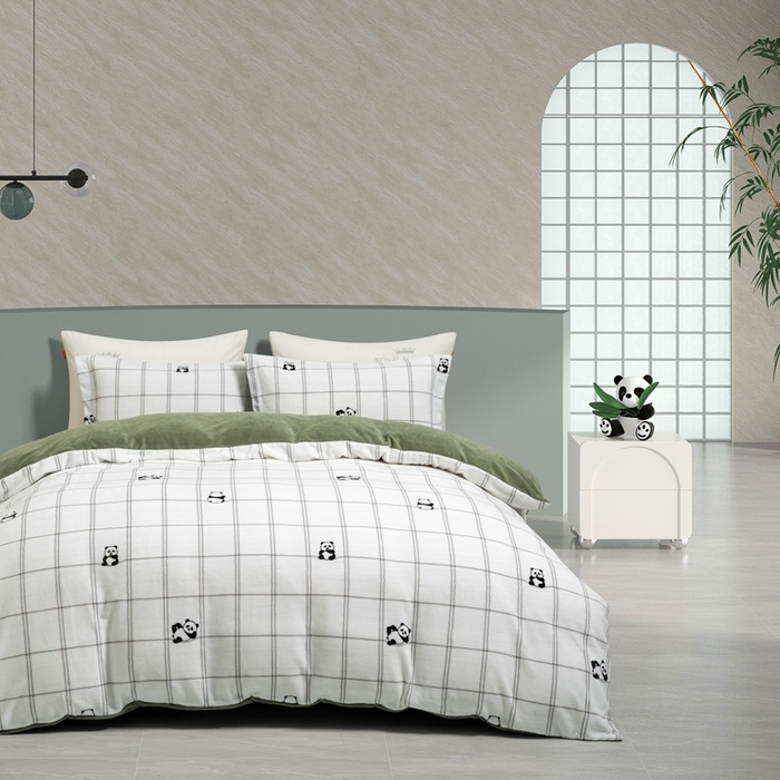 91家纺网 家纺一手货源 找家纺 宜家坊 2024新款加厚保暖印花牛奶绒四件套 胖达绒绒-青豆绿