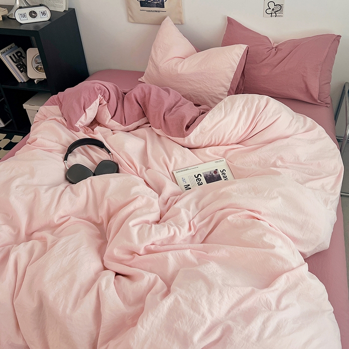 91家纺网 家纺一手货源 找家纺 优佳优品 2024新款ins风超柔褶皱亲肤磨毛水洗棉四件套 芭比粉红