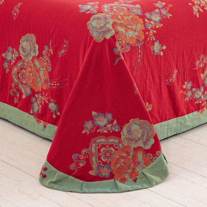 91家纺网 家纺一手货源 找家纺 鲁爱 2025新款全棉色织双层纱纽扣款四件套 锦绣芳华