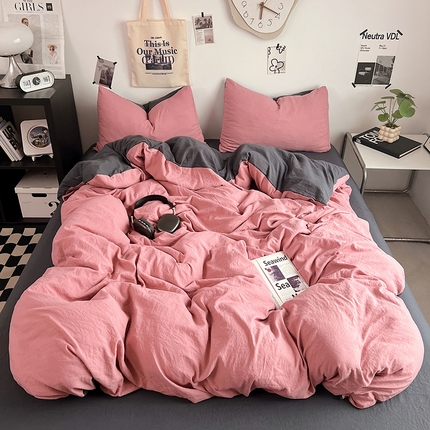 优佳优品 2024新款ins风超柔褶皱亲肤磨毛水洗棉四件套 豆沙深灰