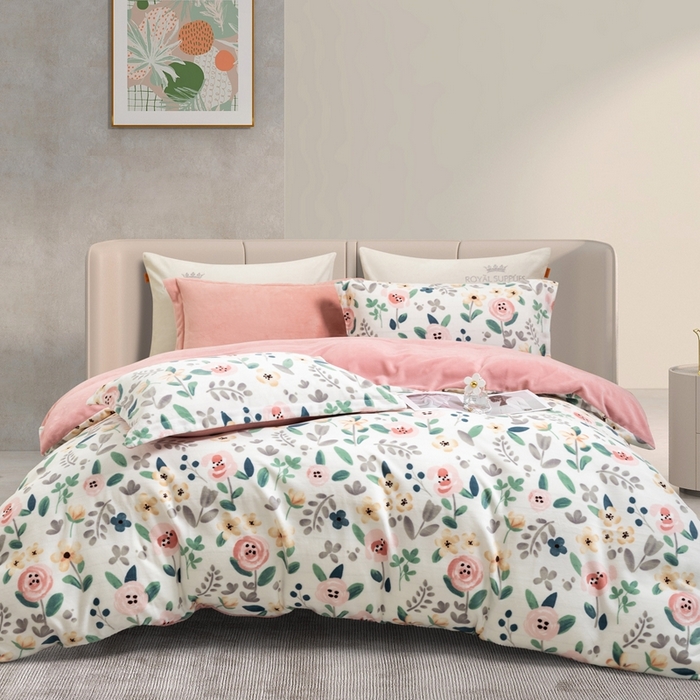 91家纺网 家纺一手货源 找家纺 宜家坊 2024新款加厚保暖印花牛奶绒四件套 甜蜜花语