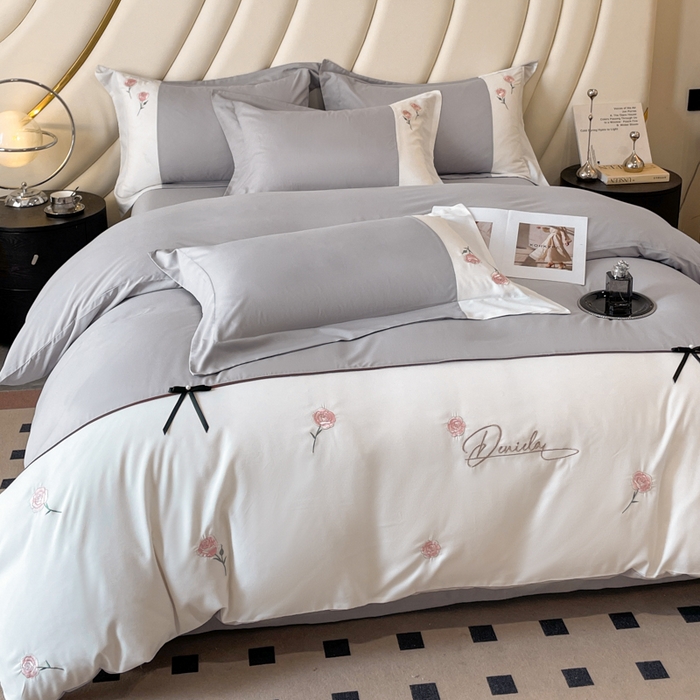 91家纺网 家纺一手货源 找家纺 遇见家居生活馆 2024新款亲肤棉刺绣四件套-蝶恋花 蝶恋花-浅灰