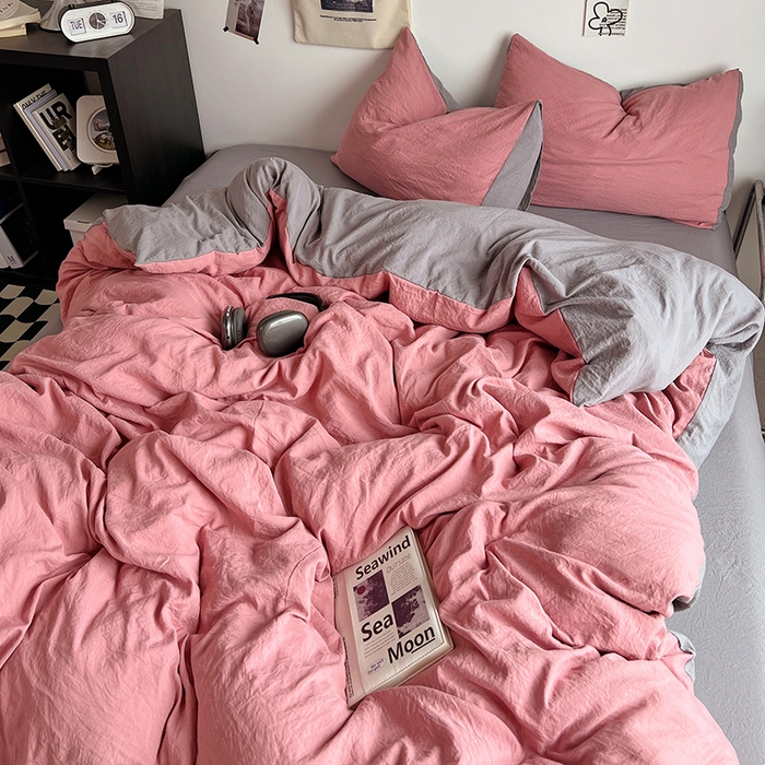 91家纺网 家纺一手货源 找家纺 优佳优品 2024新款ins风超柔褶皱亲肤磨毛水洗棉四件套 豆沙浅灰