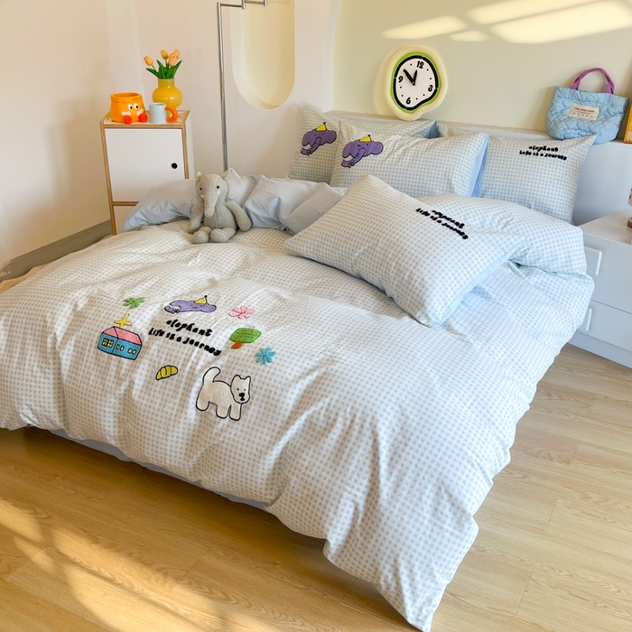 91家纺网 家纺一手货源 找家纺 千朵 2024新款全棉磨毛绣花毛巾绣四件套 紫色小象