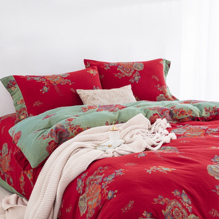 91家纺网 家纺一手货源 找家纺 鲁爱 2025新款全棉色织双层纱纽扣款四件套 锦绣芳华