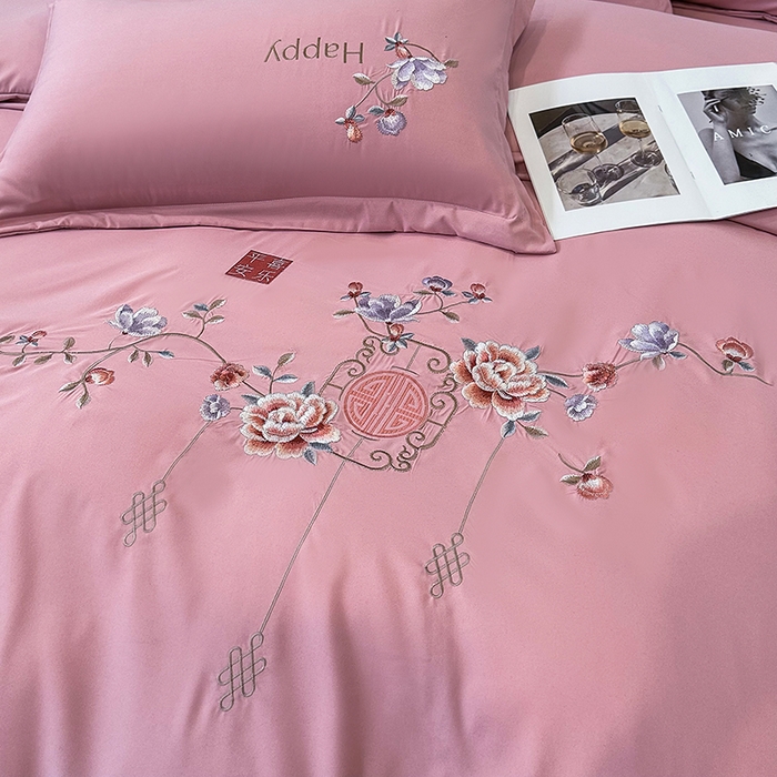 91家纺网 家纺一手货源 找家纺 梦舒羽 2025新款加厚亲肤棉磨毛刺绣四件套-平安喜乐 平安喜乐-豆沙