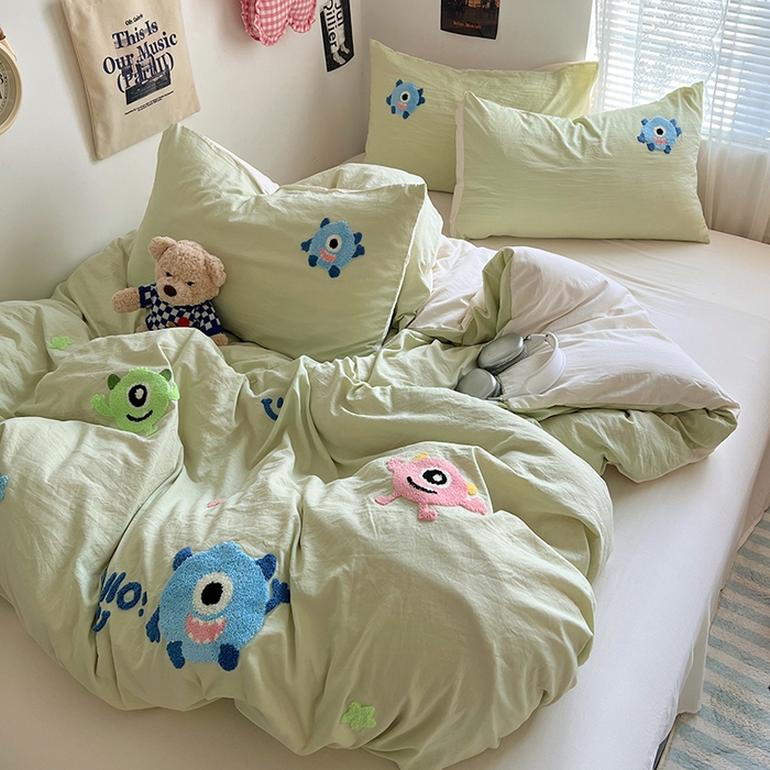 91家纺网 家纺一手货源 找家纺 优佳优品 2024新款水洗棉毛巾绣四件套（可提供买家秀） 大怪兽绿