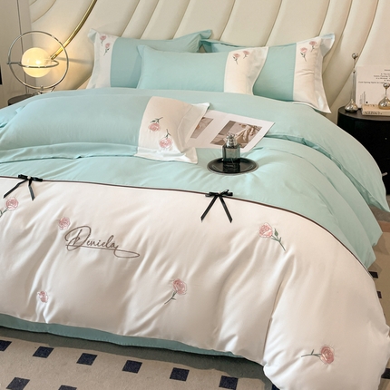 91家纺网 家纺一手货源 找家纺 遇见家居生活馆 2024新款亲肤棉刺绣四件套-蝶恋花 蝶恋花-梵星蓝