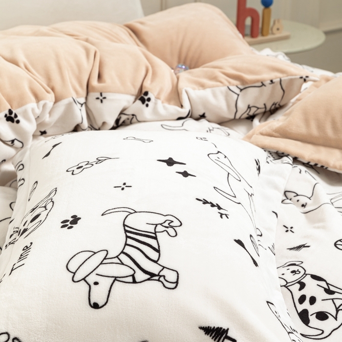 91家纺网 家纺一手货源 找家纺 宜家坊 2024新款加厚保暖印花牛奶绒四件套 休闲狗狗