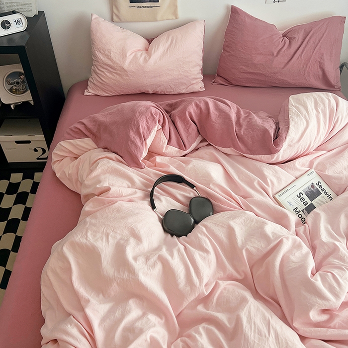 91家纺网 家纺一手货源 找家纺 优佳优品 2024新款ins风超柔褶皱亲肤磨毛水洗棉四件套 芭比粉红