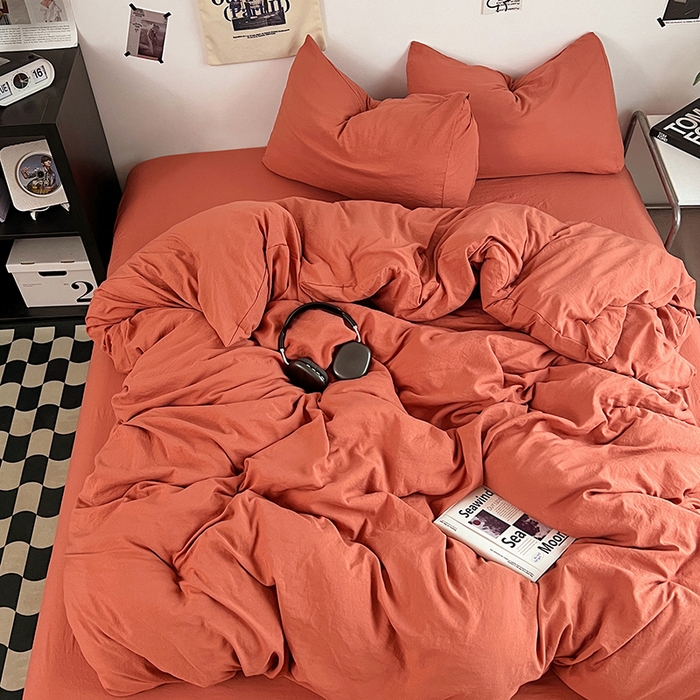 91家纺网 家纺一手货源 找家纺 优佳优品 2024新款ins风超柔褶皱亲肤磨毛水洗棉四件套 浪漫橙