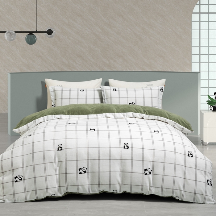 91家纺网 家纺一手货源 找家纺 宜家坊 2024新款加厚保暖印花牛奶绒四件套 胖达绒绒-青豆绿