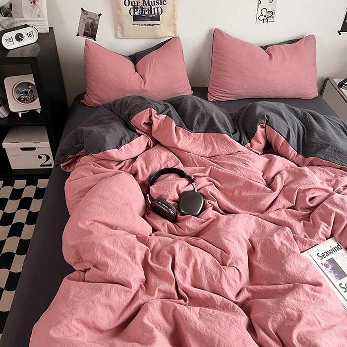 91家纺网 家纺一手货源 找家纺 优佳优品 2024新款ins风超柔褶皱亲肤磨毛水洗棉四件套 豆沙深灰