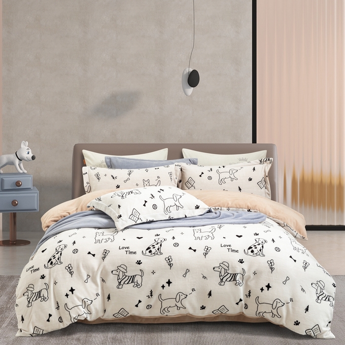 91家纺网 家纺一手货源 找家纺 宜家坊 2024新款加厚保暖印花牛奶绒四件套 休闲狗狗