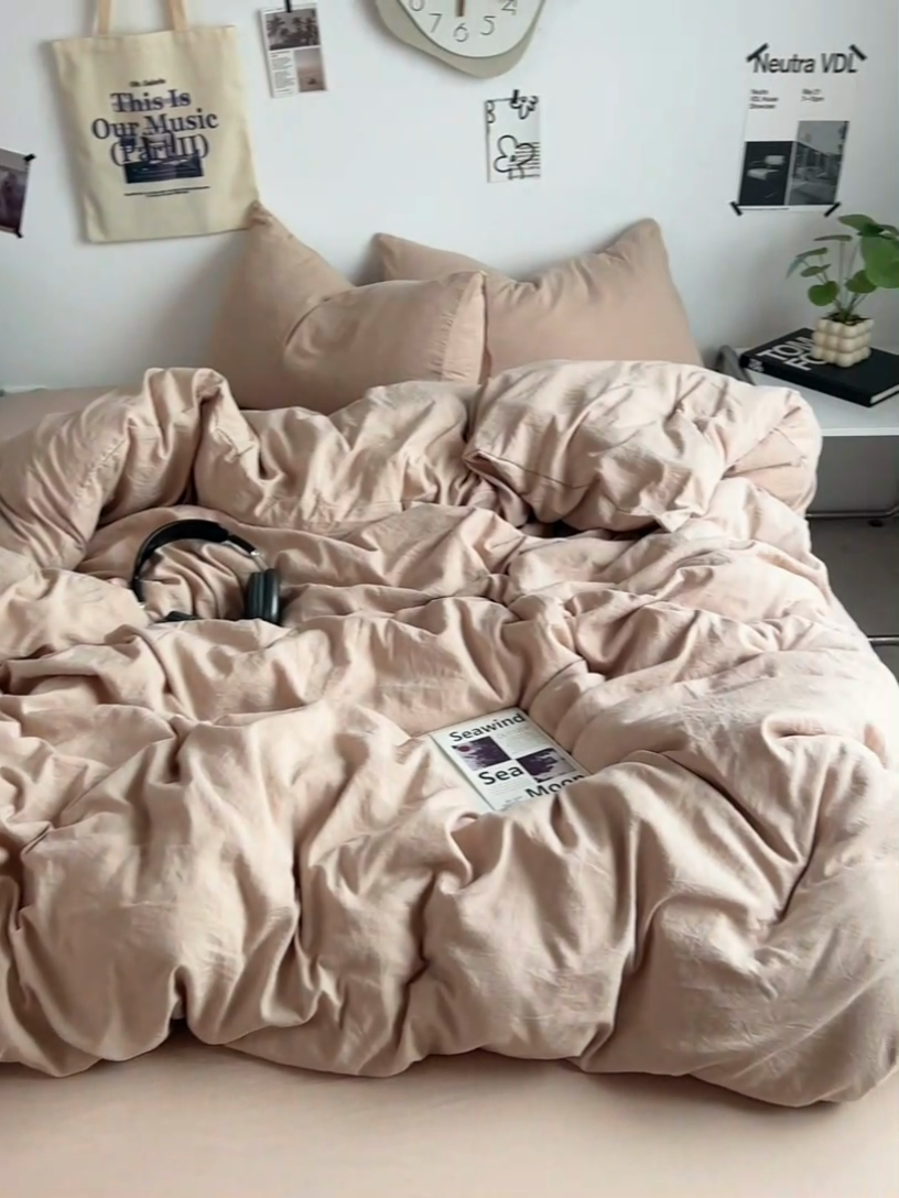 91家纺网 家纺一手货源 找家纺 优佳优品 2024新款ins风超柔褶皱亲肤磨毛水洗棉四件套 奶茶