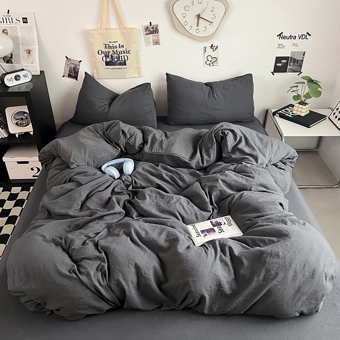 91家纺网 家纺一手货源 找家纺 优佳优品 2024新款ins风超柔褶皱亲肤磨毛水洗棉四件套 布鲁灰