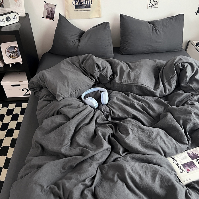 91家纺网 家纺一手货源 找家纺 优佳优品 2024新款ins风超柔褶皱亲肤磨毛水洗棉四件套 布鲁灰