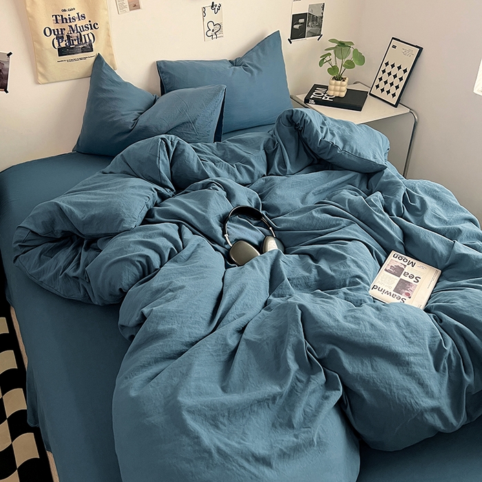 91家纺网 家纺一手货源 找家纺 优佳优品 2024新款ins风超柔褶皱亲肤磨毛水洗棉四件套 梵星蓝