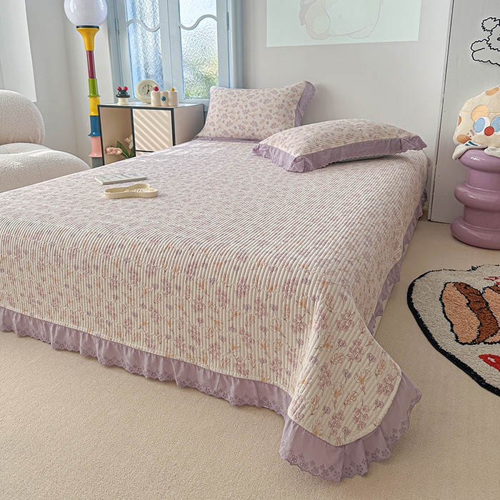 91家纺网 家纺一手货源 找家纺 源舜 2025新款云感皱皱纱法式床盖三件套 紫藤