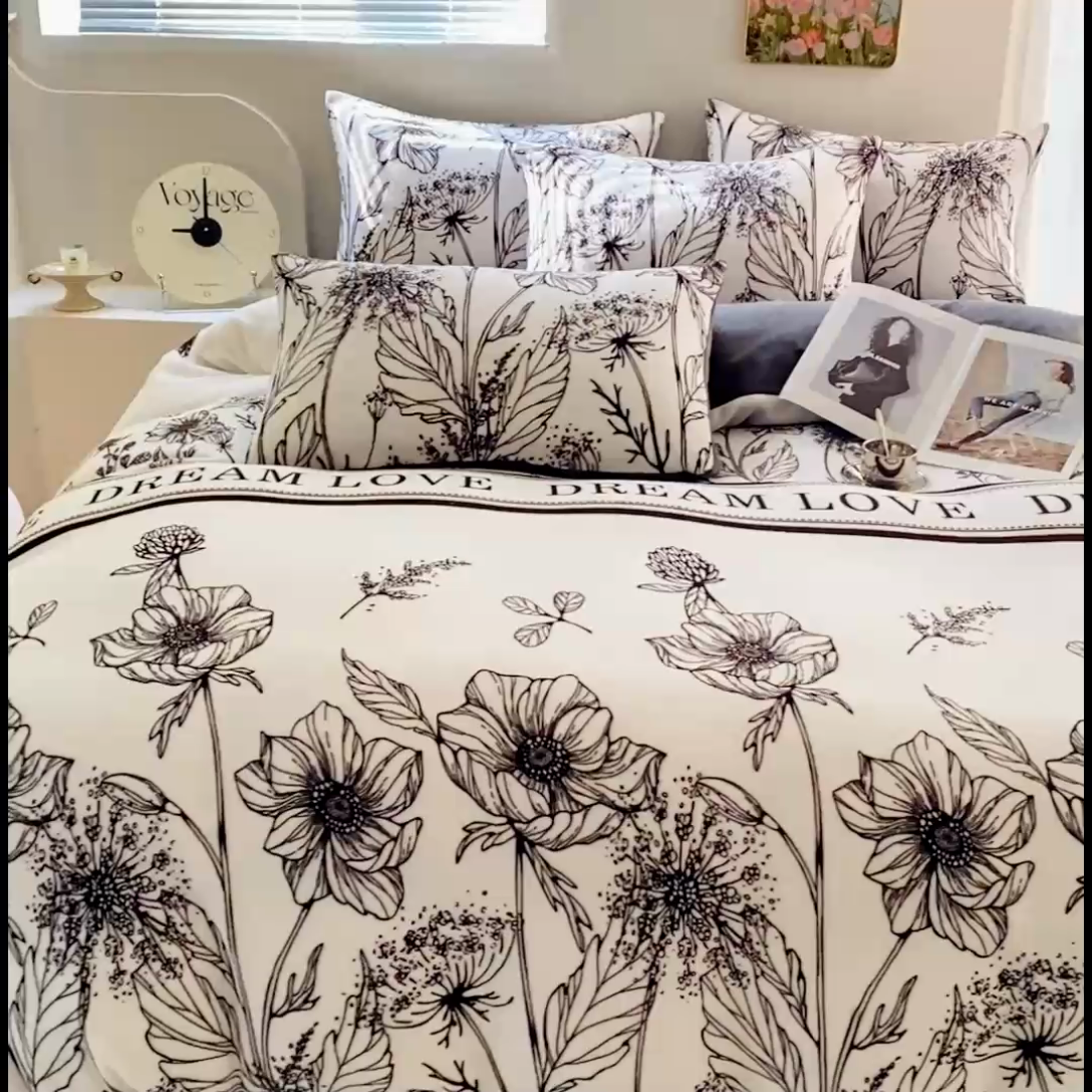 91家纺网 家纺一手货源 找家纺 斯卡诺家纺 2025新款小清新双面牛奶绒印花四件套 荷花