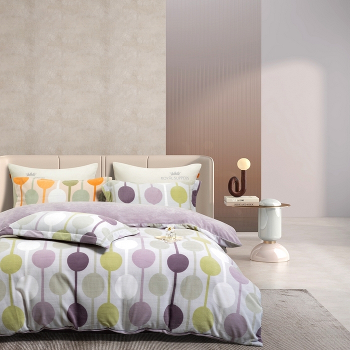 91家纺网 家纺一手货源 找家纺 宜家坊 2024新款加厚保暖印花牛奶绒四件套 迷境-灰紫