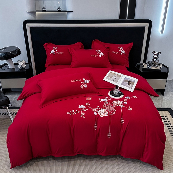 91家纺网 家纺一手货源 找家纺 梦舒羽 2025新款加厚亲肤棉磨毛刺绣四件套-平安喜乐 平安喜乐-红