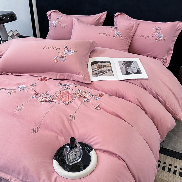 91家纺网 家纺一手货源 找家纺 梦舒羽 2025新款加厚亲肤棉磨毛刺绣四件套-平安喜乐 平安喜乐-豆沙