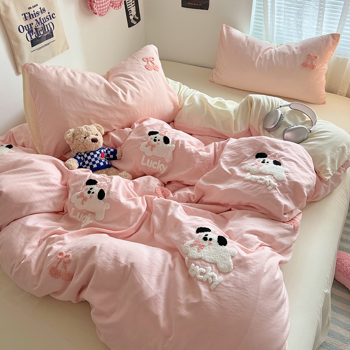 91家纺网 家纺一手货源 找家纺 优佳优品 2024新款水洗棉毛巾绣四件套（可提供买家秀） 樱桃奶狗