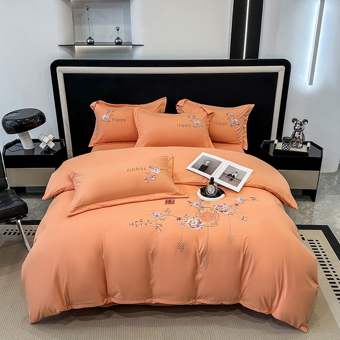 91家纺网 家纺一手货源 找家纺 梦舒羽 2025新款加厚亲肤棉磨毛刺绣四件套-平安喜乐 平安喜乐-橙色