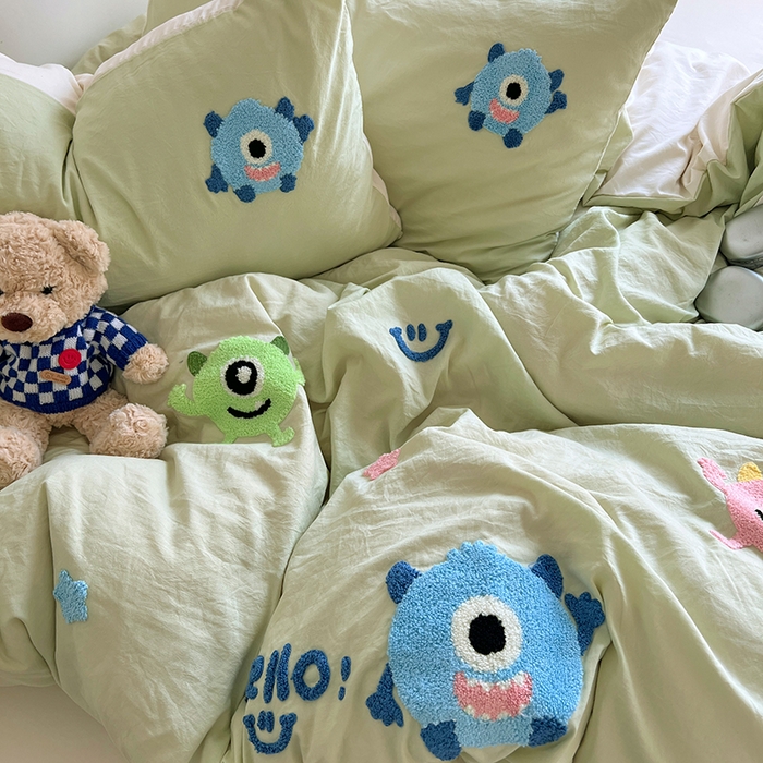 91家纺网 家纺一手货源 找家纺 优佳优品 2024新款水洗棉毛巾绣四件套（可提供买家秀） 大怪兽绿