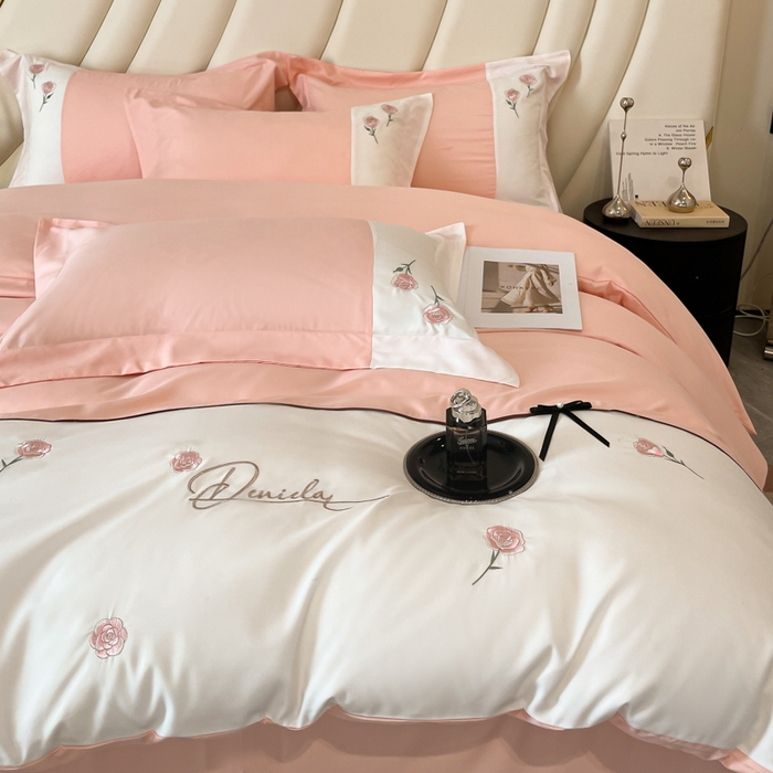 91家纺网 家纺一手货源 找家纺 遇见家居生活馆 2024新款亲肤棉刺绣四件套-蝶恋花 蝶恋花-奶油粉