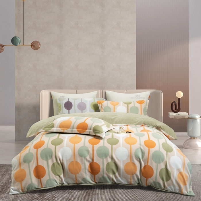 91家纺网 家纺一手货源 找家纺 宜家坊 2024新款加厚保暖印花牛奶绒四件套 迷境-奶绿