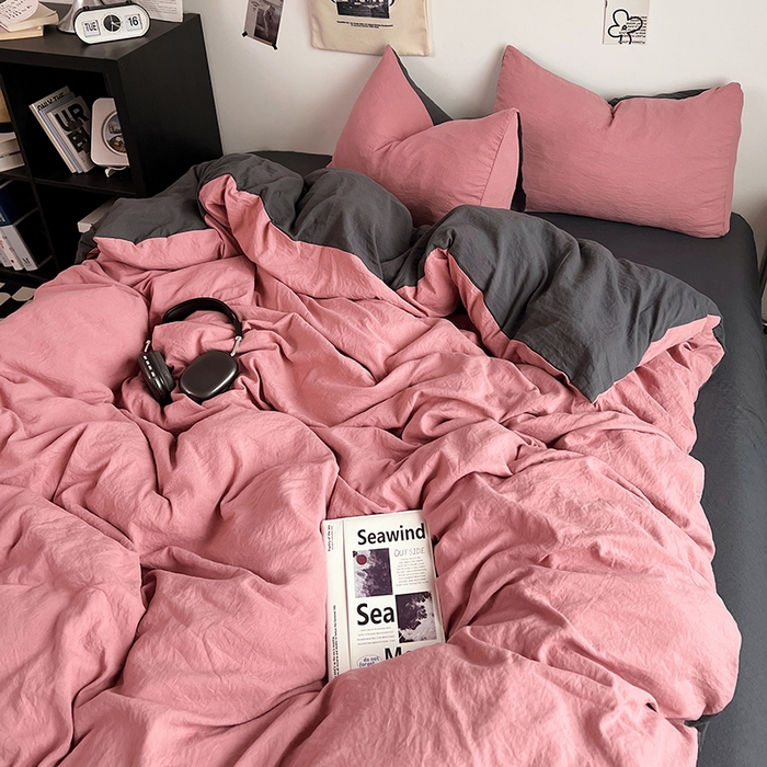 91家纺网 家纺一手货源 找家纺 优佳优品 2024新款ins风超柔褶皱亲肤磨毛水洗棉四件套 豆沙深灰