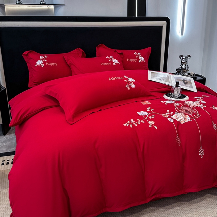 91家纺网 家纺一手货源 找家纺 梦舒羽 2025新款加厚亲肤棉磨毛刺绣四件套-平安喜乐 平安喜乐-红