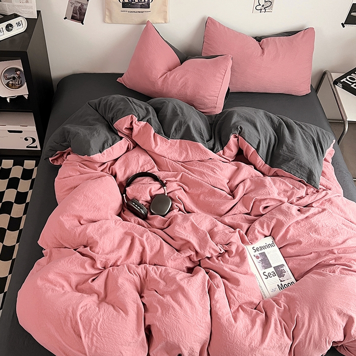 91家纺网 家纺一手货源 找家纺 优佳优品 2024新款ins风超柔褶皱亲肤磨毛水洗棉四件套 豆沙深灰