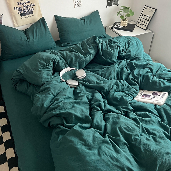 91家纺网 家纺一手货源 找家纺 优佳优品 2024新款ins风超柔褶皱亲肤磨毛水洗棉四件套 宝石绿