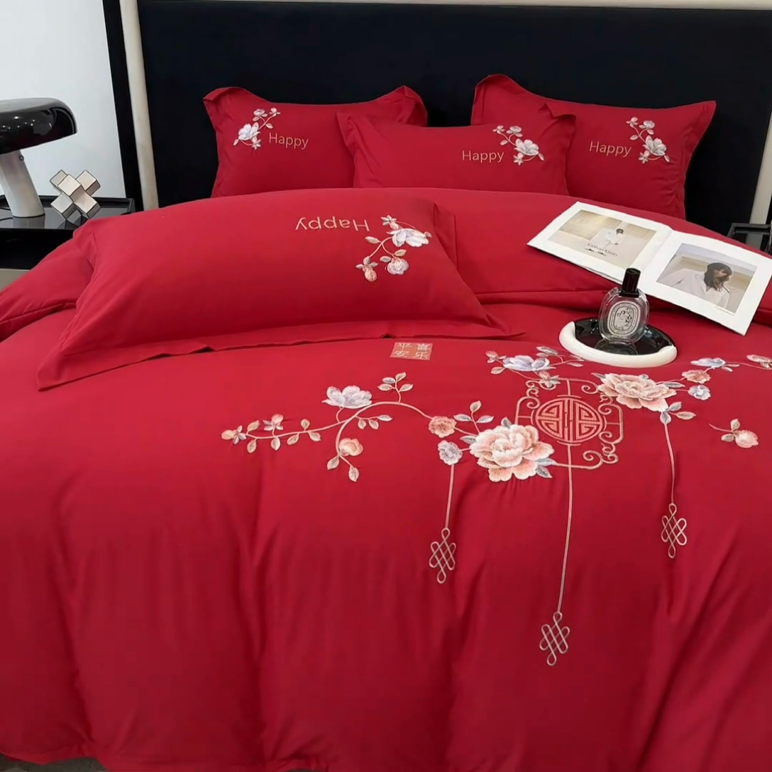 91家纺网 家纺一手货源 找家纺 梦舒羽 2025新款加厚亲肤棉磨毛刺绣四件套-平安喜乐 平安喜乐-红