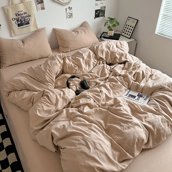 91家纺网 家纺一手货源 找家纺 优佳优品 2024新款ins风超柔褶皱亲肤磨毛水洗棉四件套 奶茶