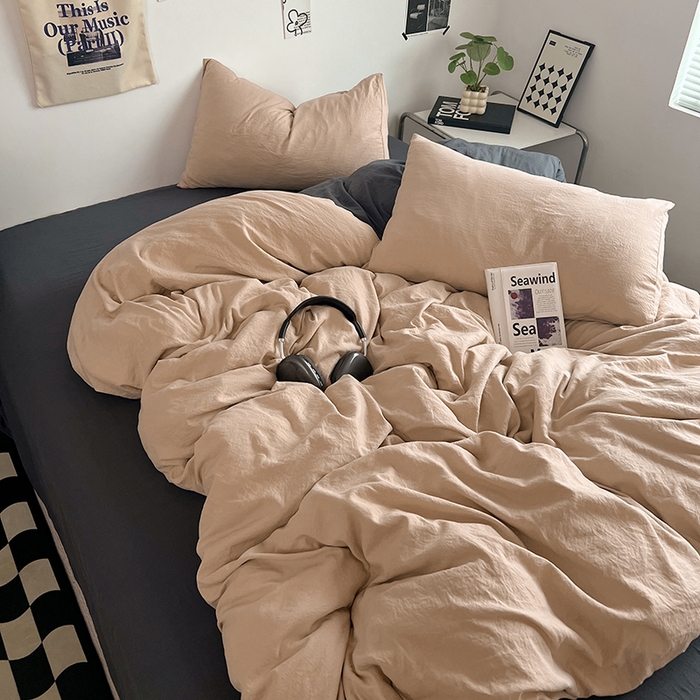 91家纺网 家纺一手货源 找家纺 优佳优品 2024新款ins风超柔褶皱亲肤磨毛水洗棉四件套 卡其深灰