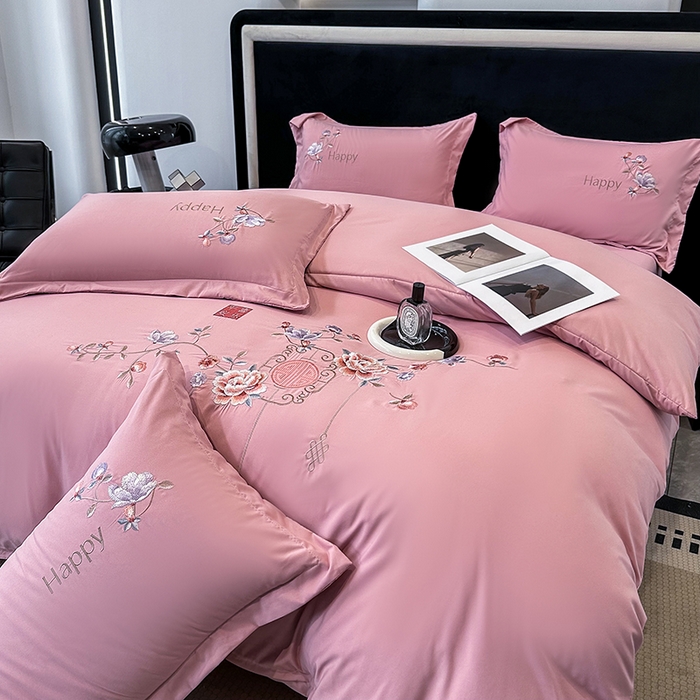 91家纺网 家纺一手货源 找家纺 梦舒羽 2025新款加厚亲肤棉磨毛刺绣四件套-平安喜乐 平安喜乐-豆沙